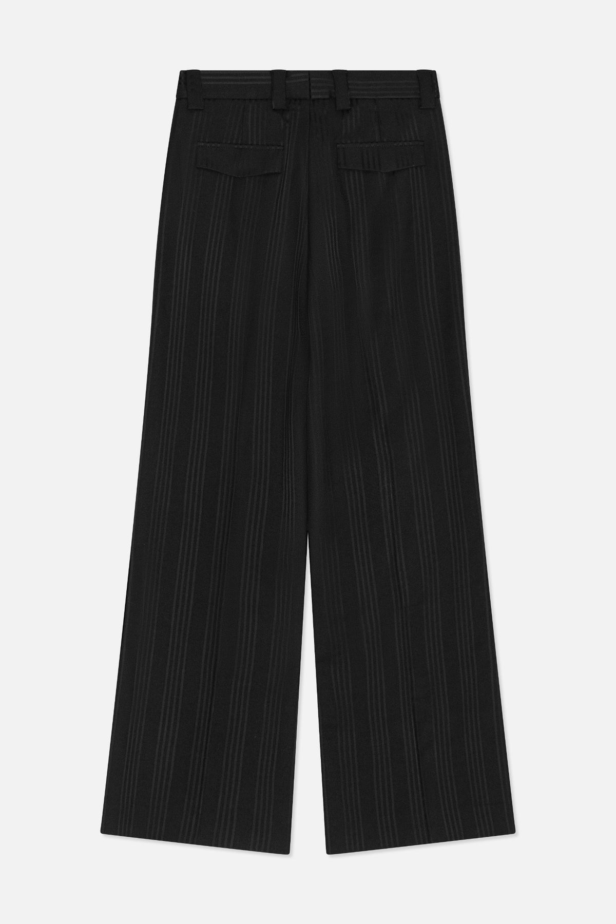 Black wide-leg trousers with subtle tonal pinstripes, shown from the back with belt loops and two flap pockets.