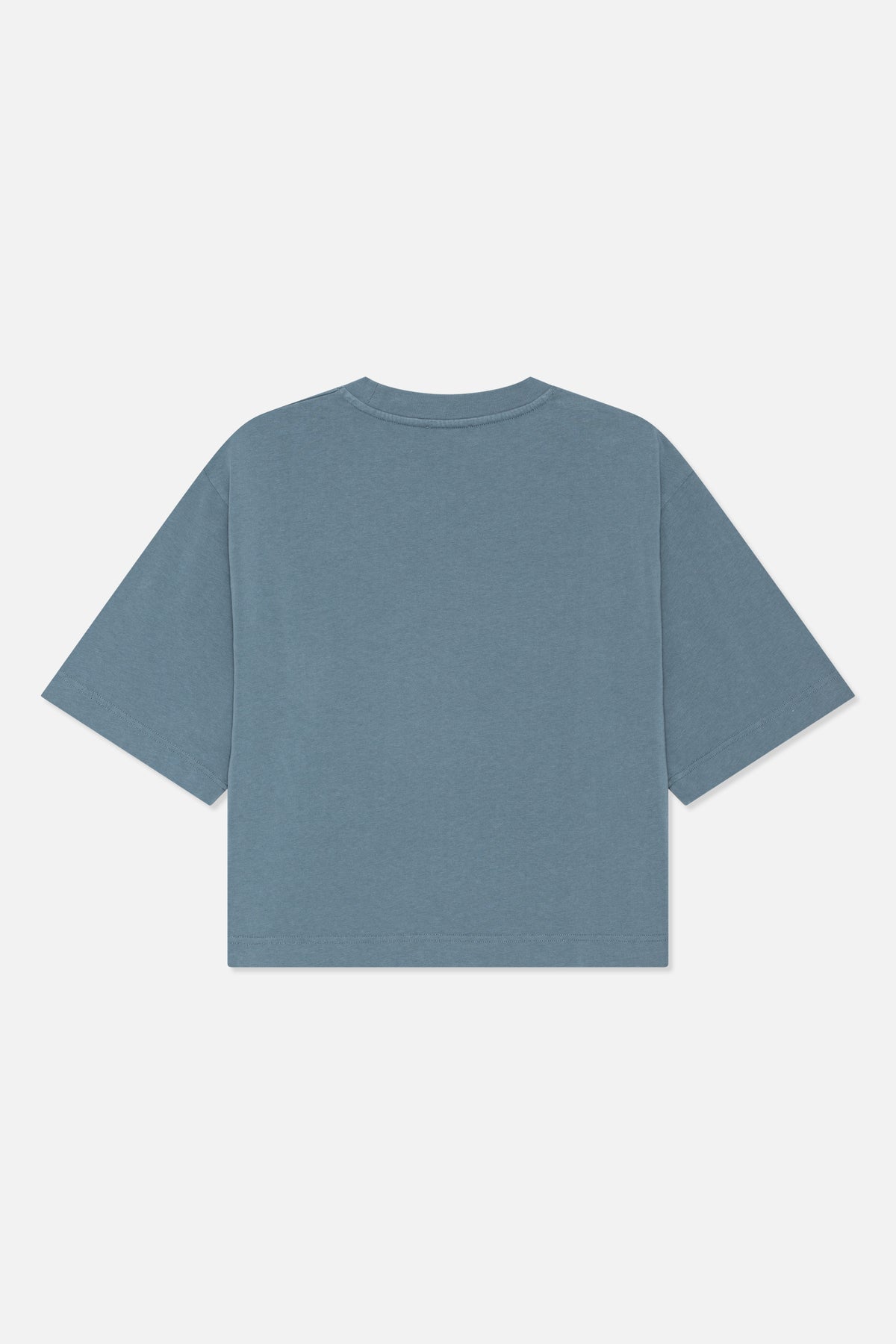 Back view of a plain slate-blue T-shirt with short sleeves, a ribbed crew neck and stitched hems.