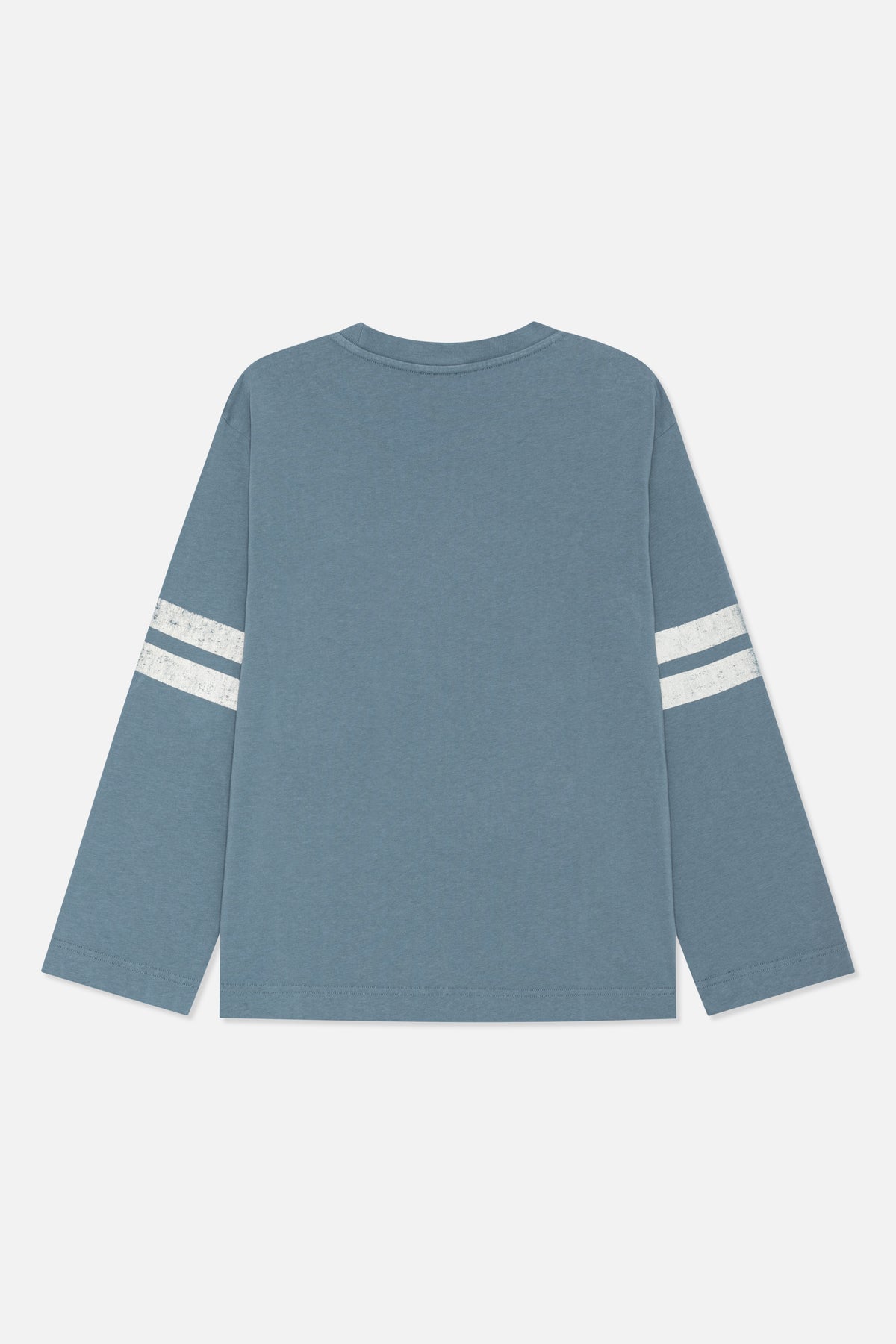 Back view of a slate-blue crew-neck long-sleeved top with two distressed white stripes on each sleeve.