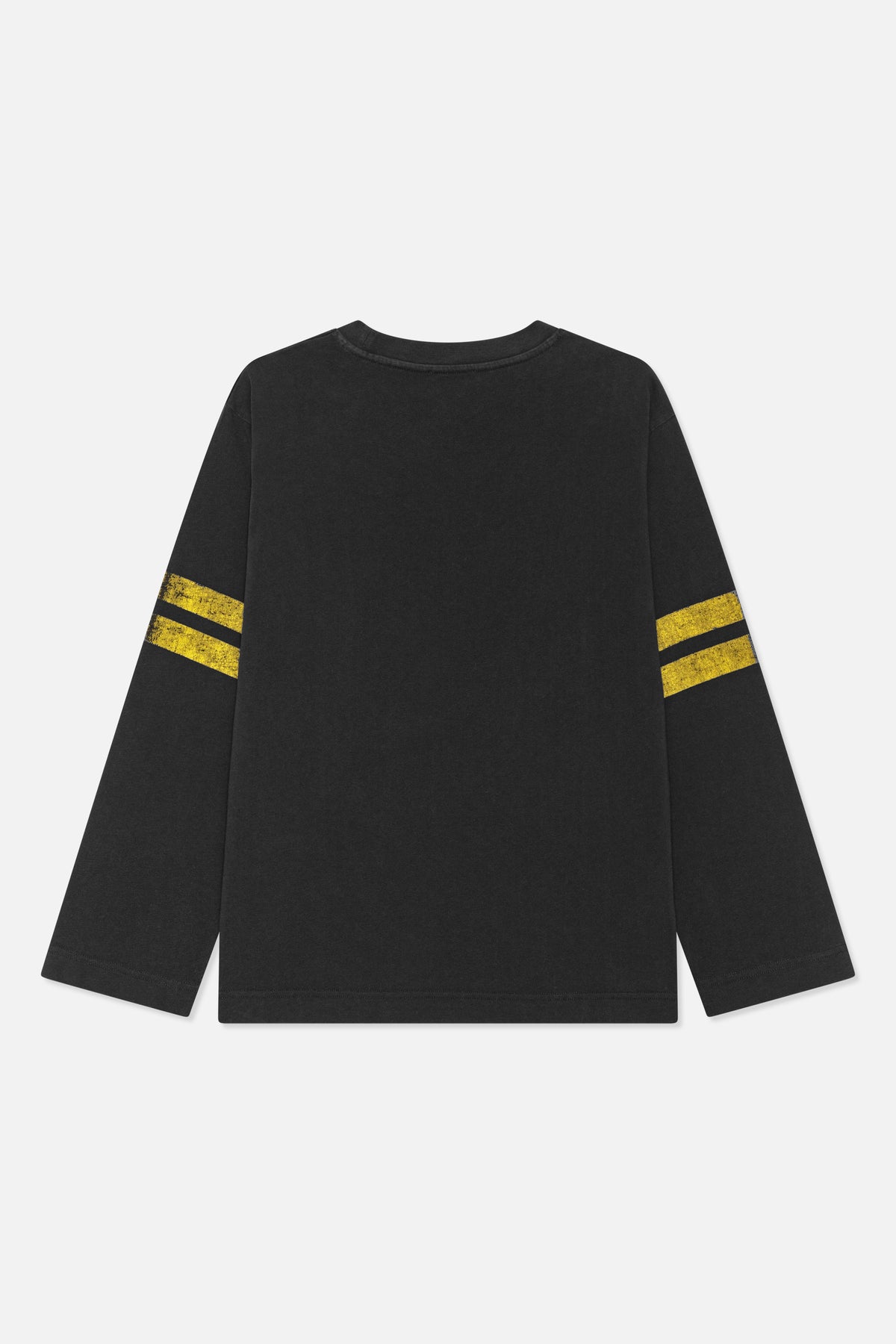 Back view of a black long-sleeved crewneck top with two yellow stripes around each upper sleeve.