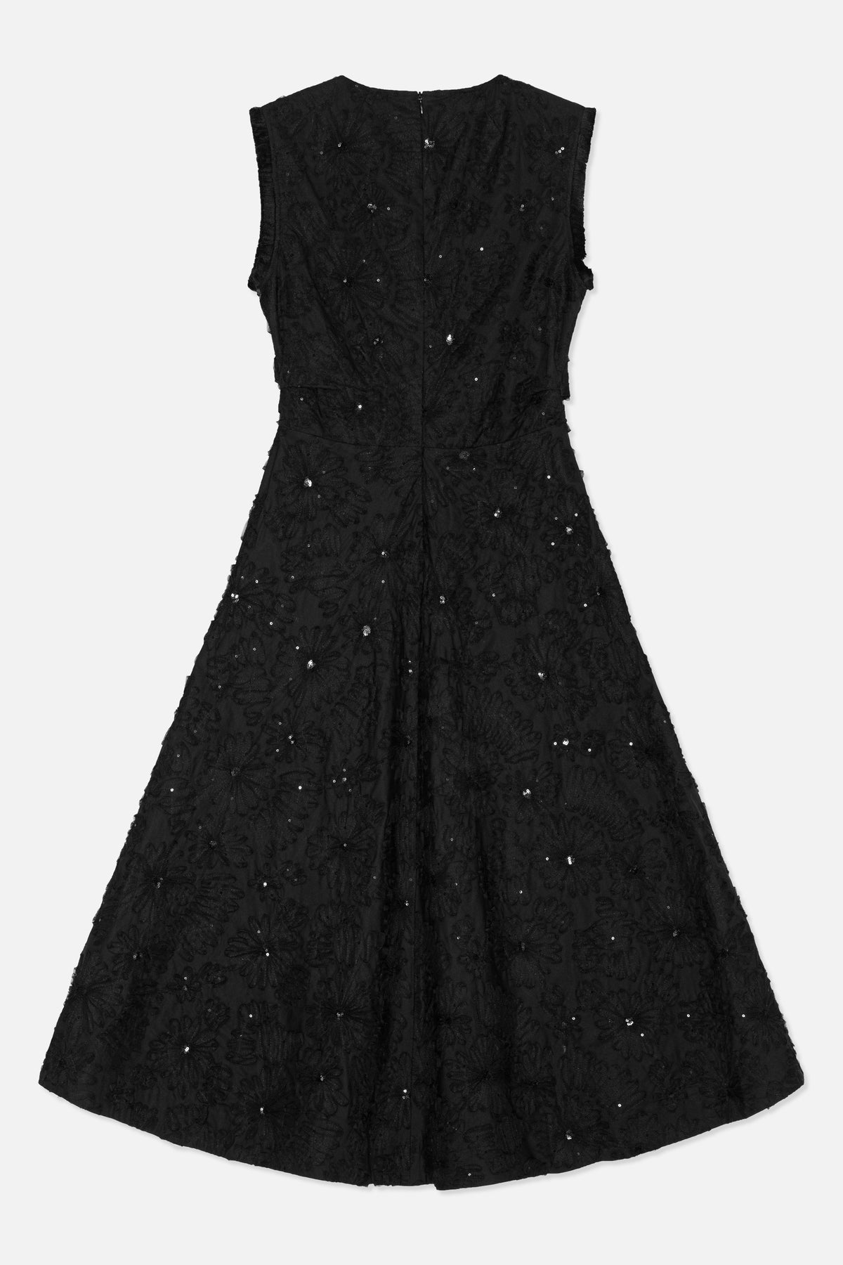 Back view of a black sleeveless dress with a fitted waist, flared skirt, floral detailing and scattered sequins.
