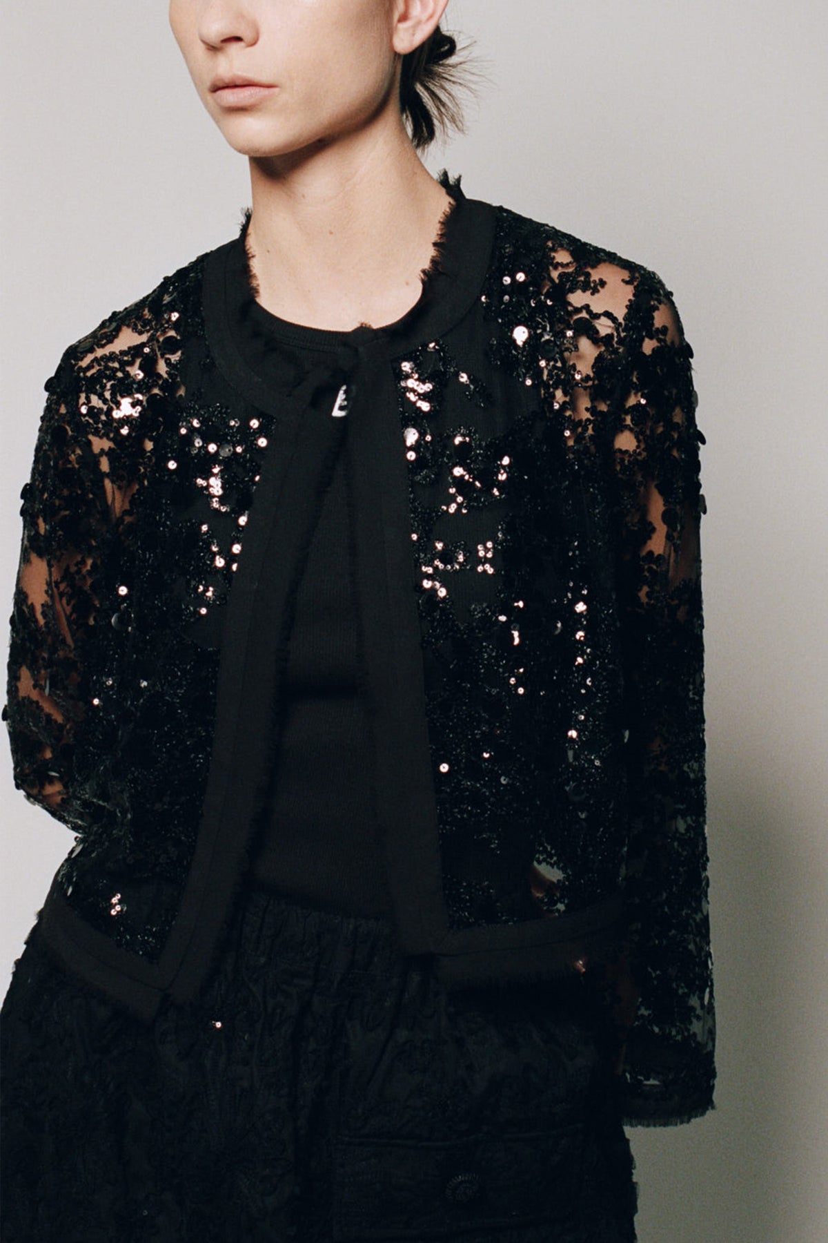 Close-up of a model wearing a black sheer jacket with floral lace-like detailing and scattered sequins over a black top