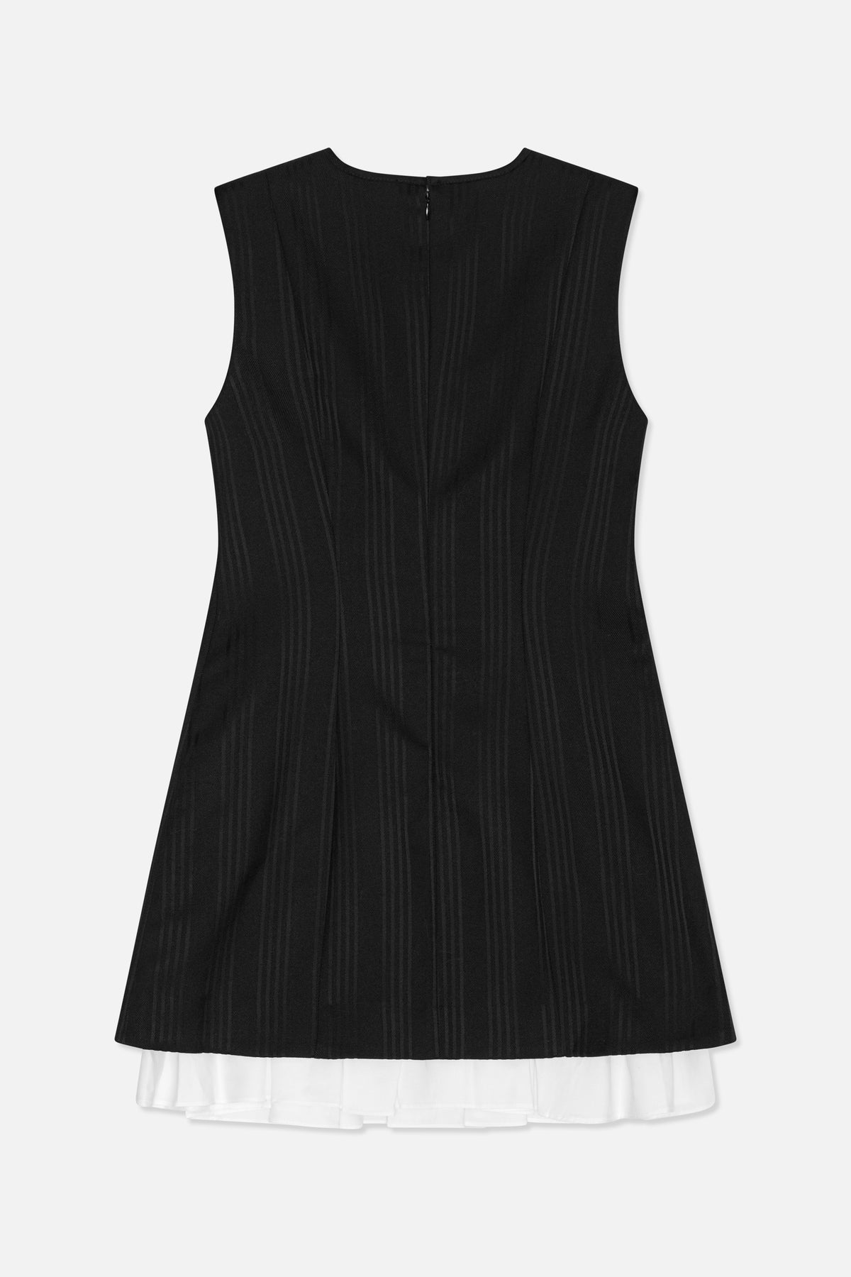 Back view of a black sleeveless dress with subtle tonal vertical stripes, a centre-back zipper and a white layered hem.