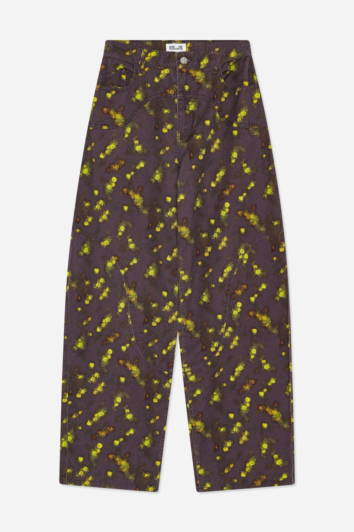 Front view of wide-leg jeans with a dark plum base, scattered yellow-green and rust floral print, curved front seams and pockets.