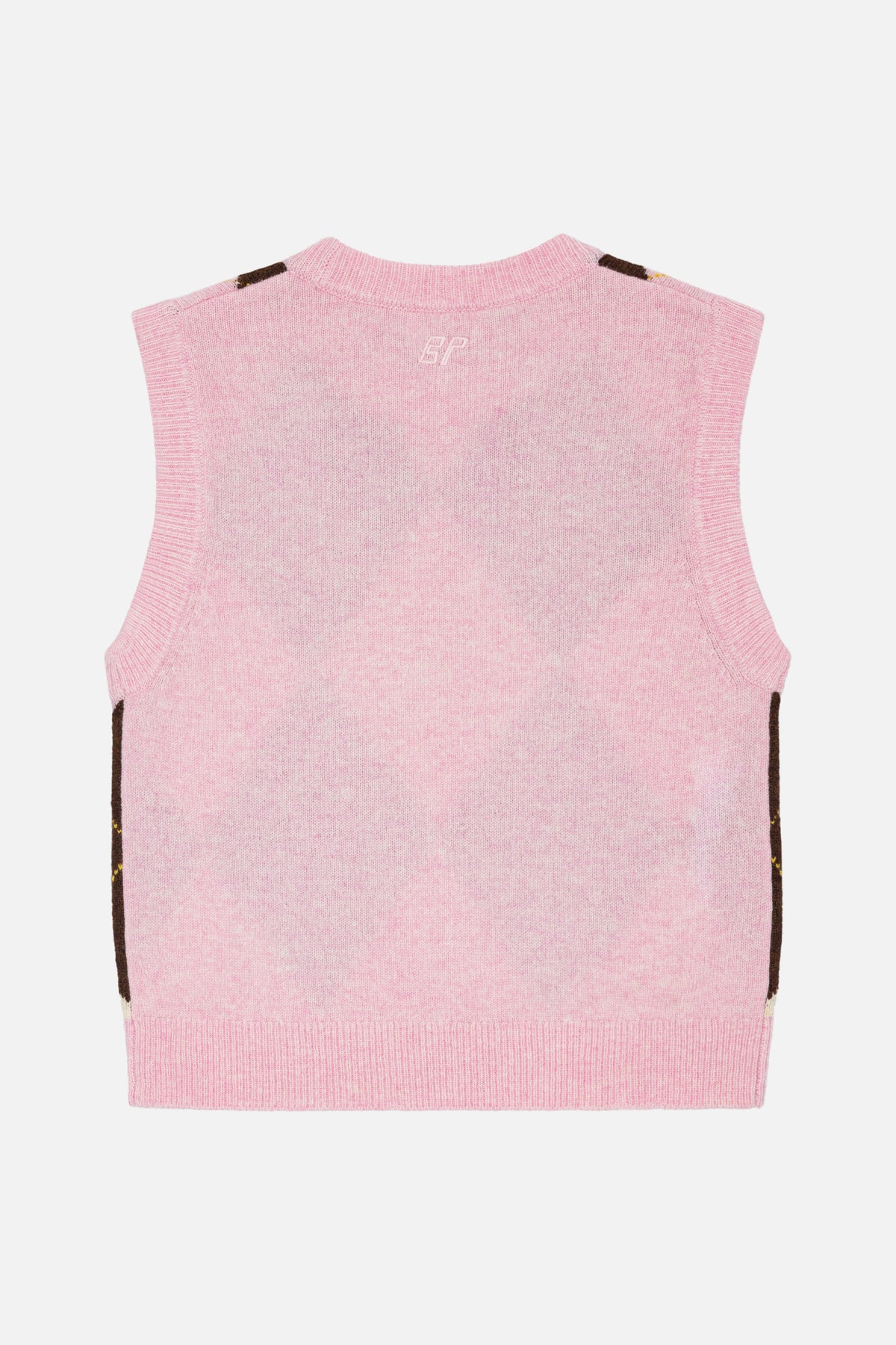 Back view of a pink knitted sleeveless vest with dark brown side trim, ribbed edges and a small embroidered monogram.