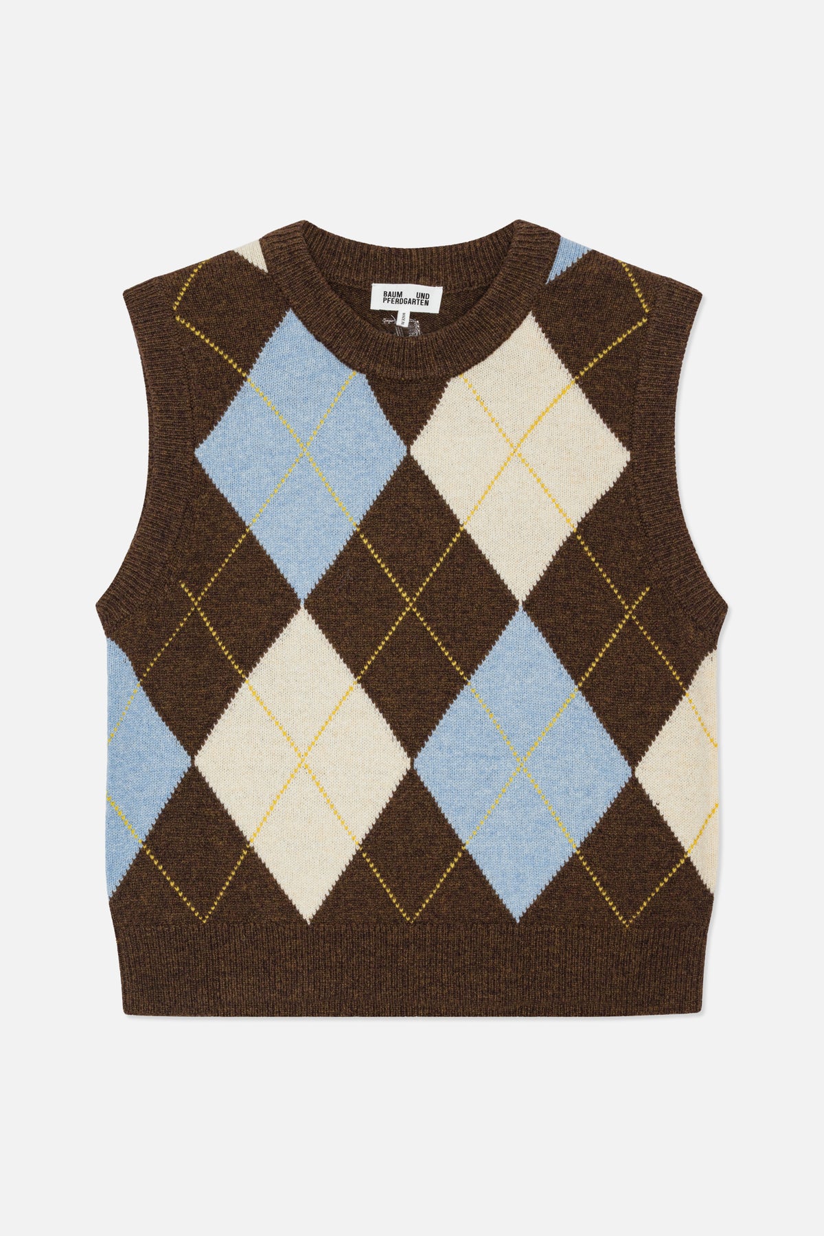 Front view of a brown knitted sleeveless sweater vest with blue and cream argyle diamonds and yellow stitching.