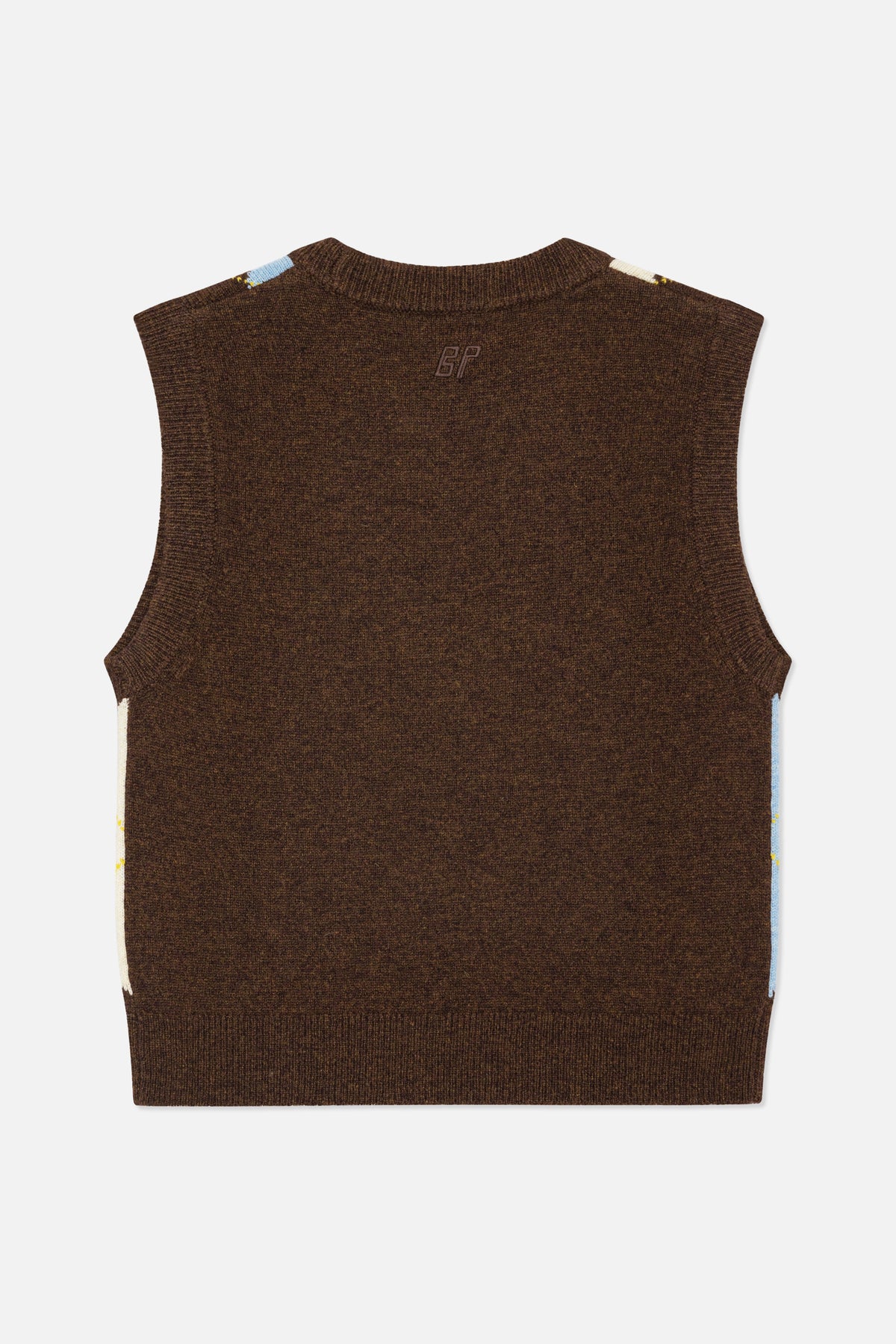 Back view of a dark brown knitted sleeveless sweater vest with ribbed edges and pale blue and cream accent stripes.