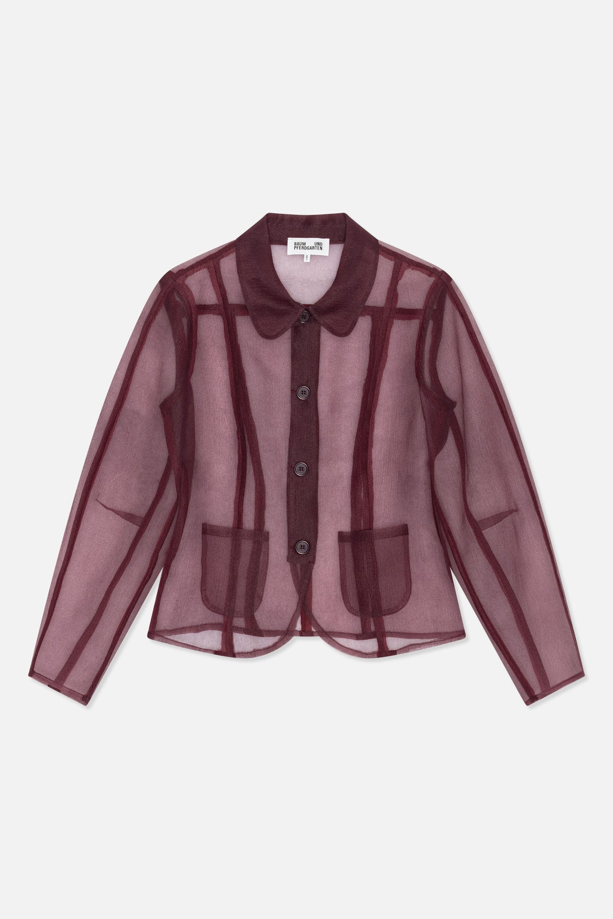 Front view of a sheer mauve button-up shirt with dark burgundy grid stripes, a rounded collar, long sleeves and two patch pockets.