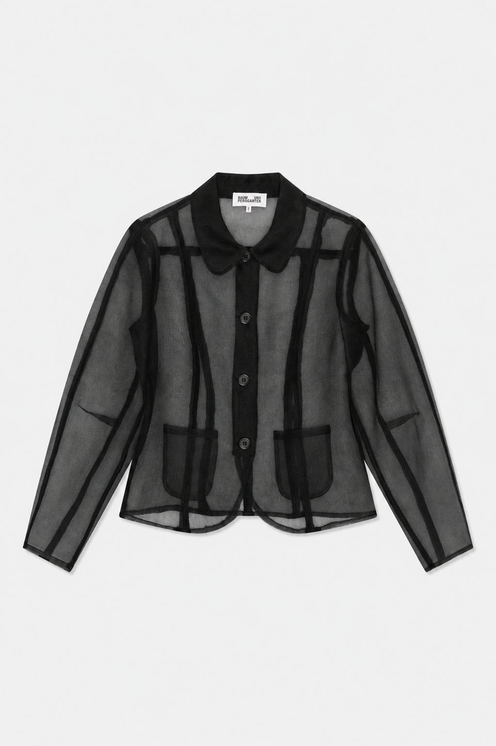 Front view of a sheer black long-sleeved jacket with a rounded collar, button front, contrasting panel seams and two patch pockets.
