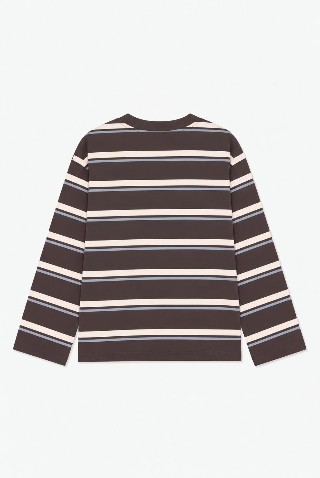Back view of a dark brown long-sleeved top with cream and pale blue horizontal stripes.
