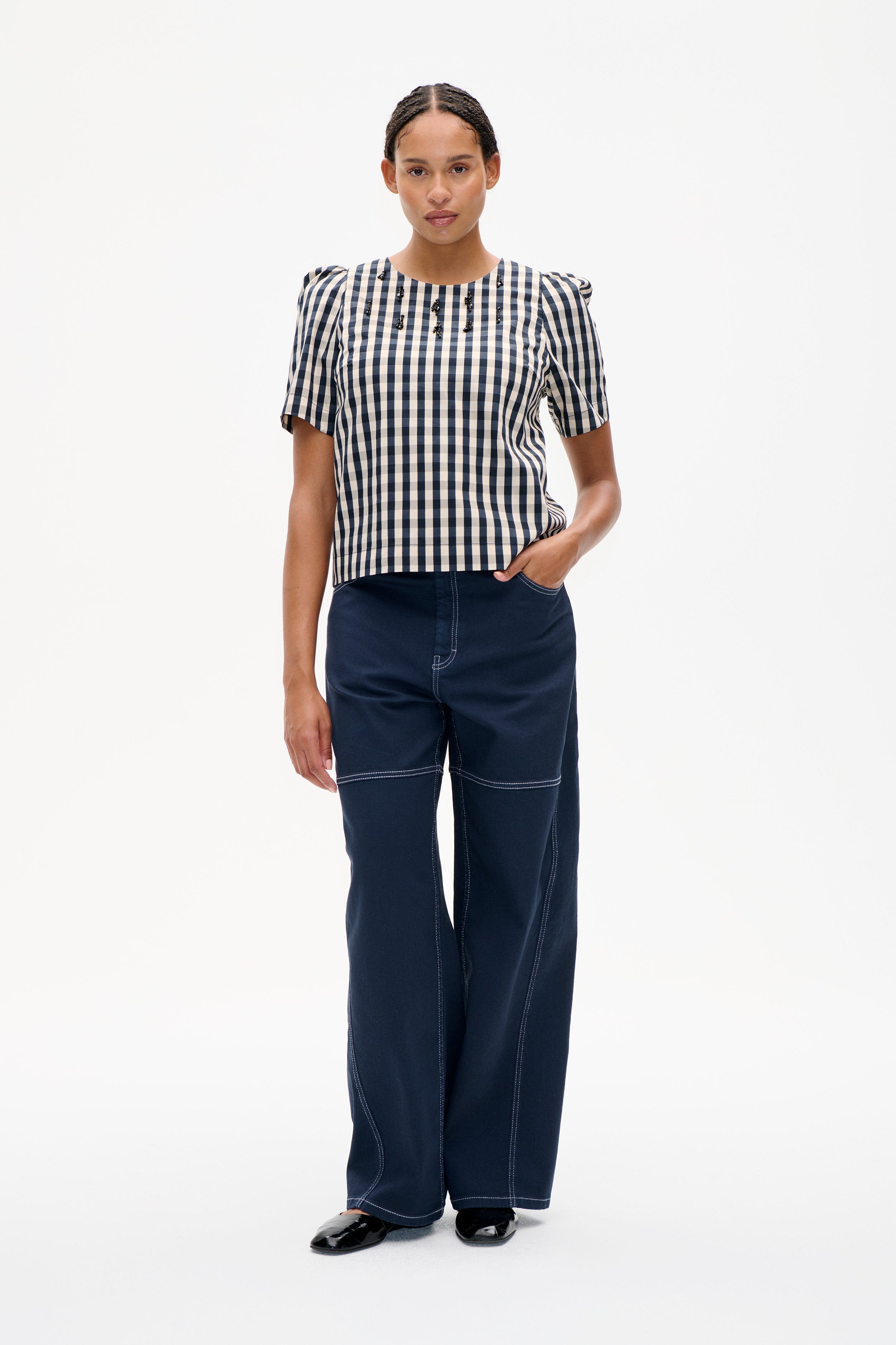 Shop MINU BLOUSE in Navy Creme Check | Fast Delivery