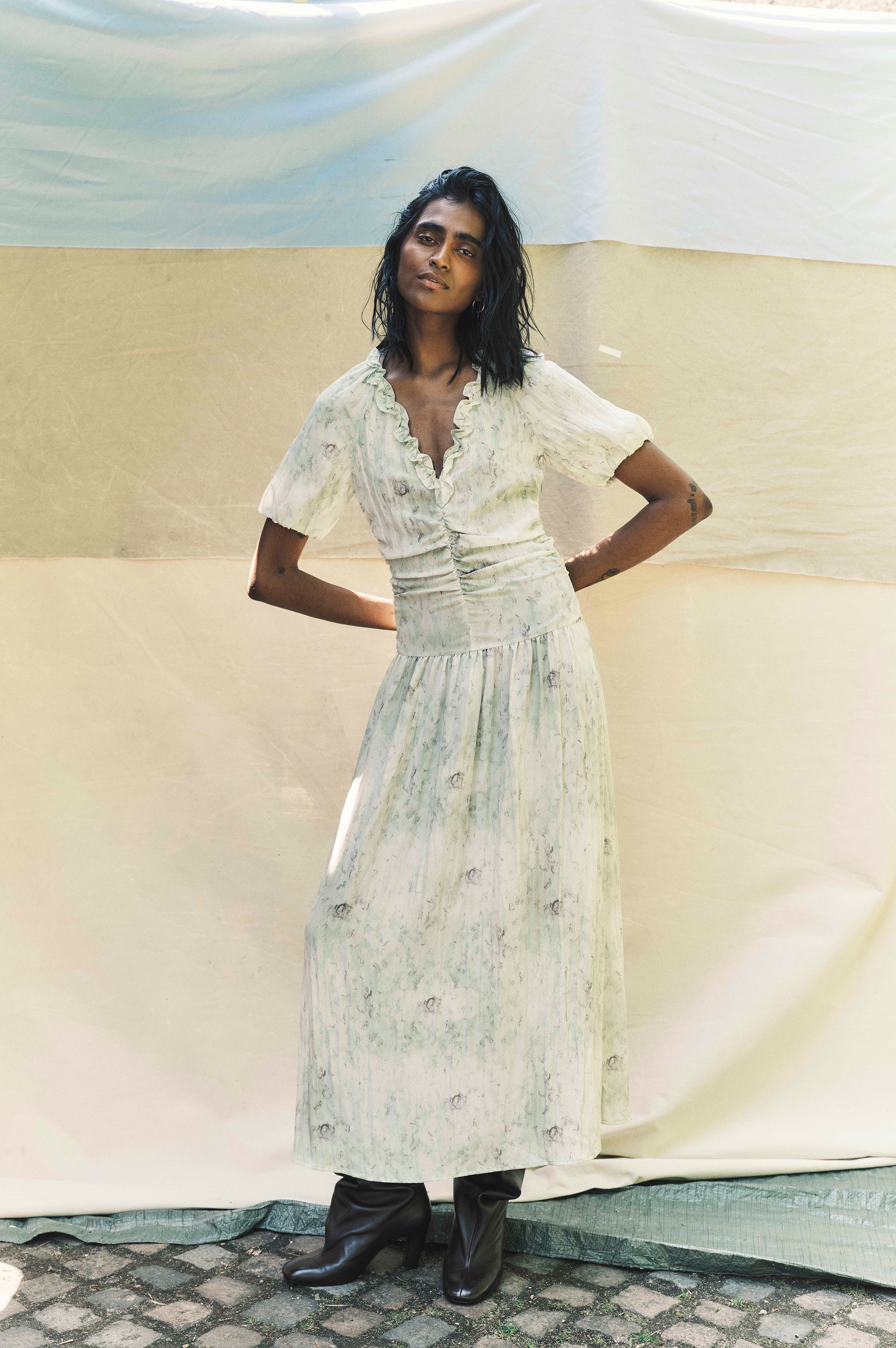 Shop ABELLINE DRESS in Distorted Green Flower | Fast Delivery