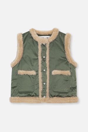 Front view of an olive green sleeveless vest with beige fuzzy trim, silver snap buttons and two large patch pockets.