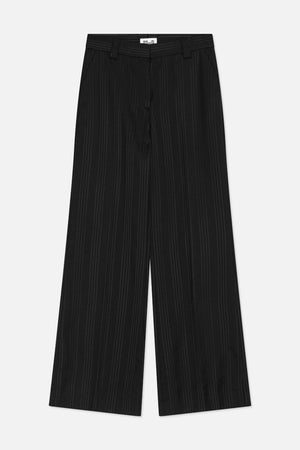 Front view of black wide-leg trousers with subtle vertical pinstripes, a waistband and belt loops.