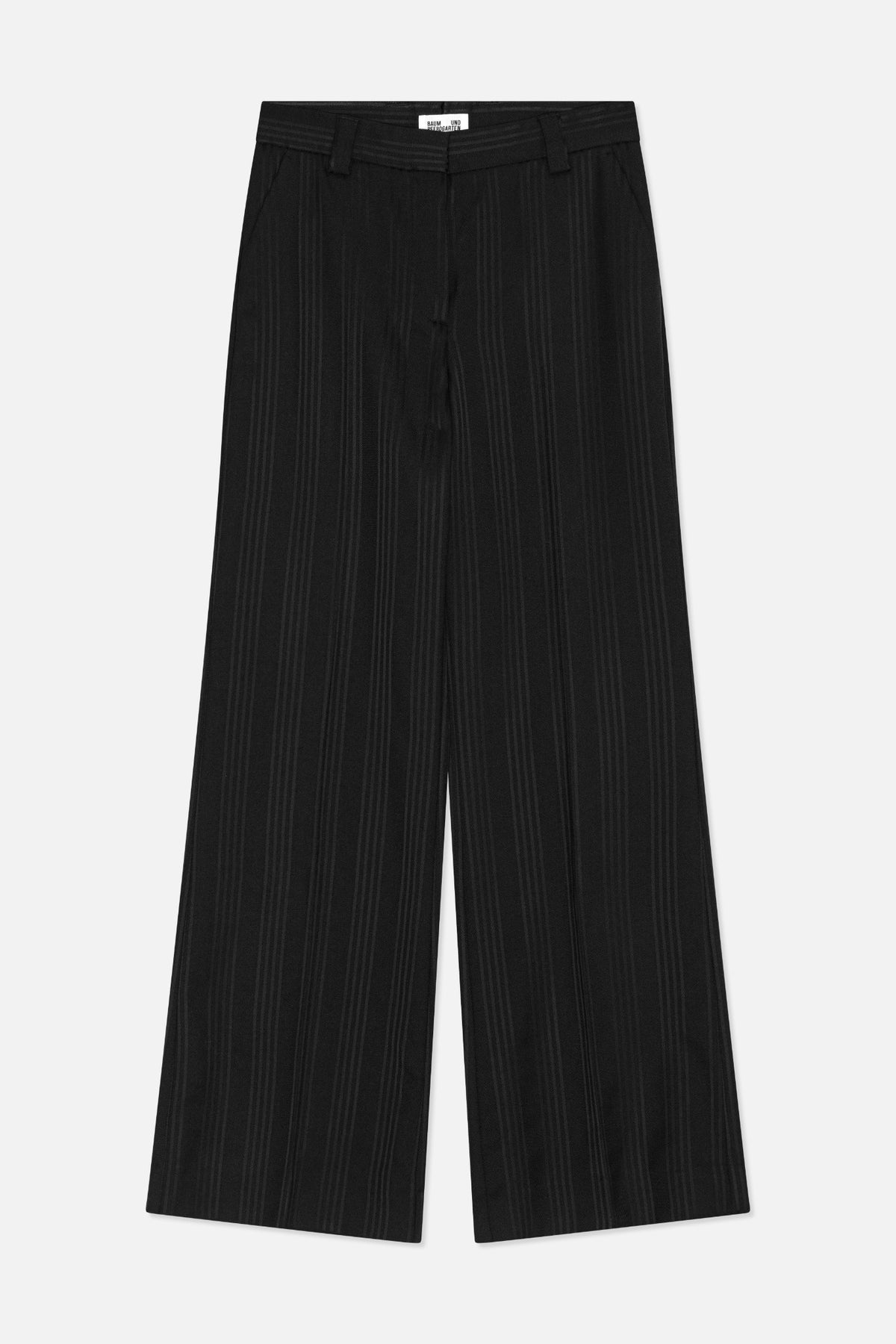 Front view of black wide-leg trousers with subtle vertical pinstripes, a waistband and belt loops.