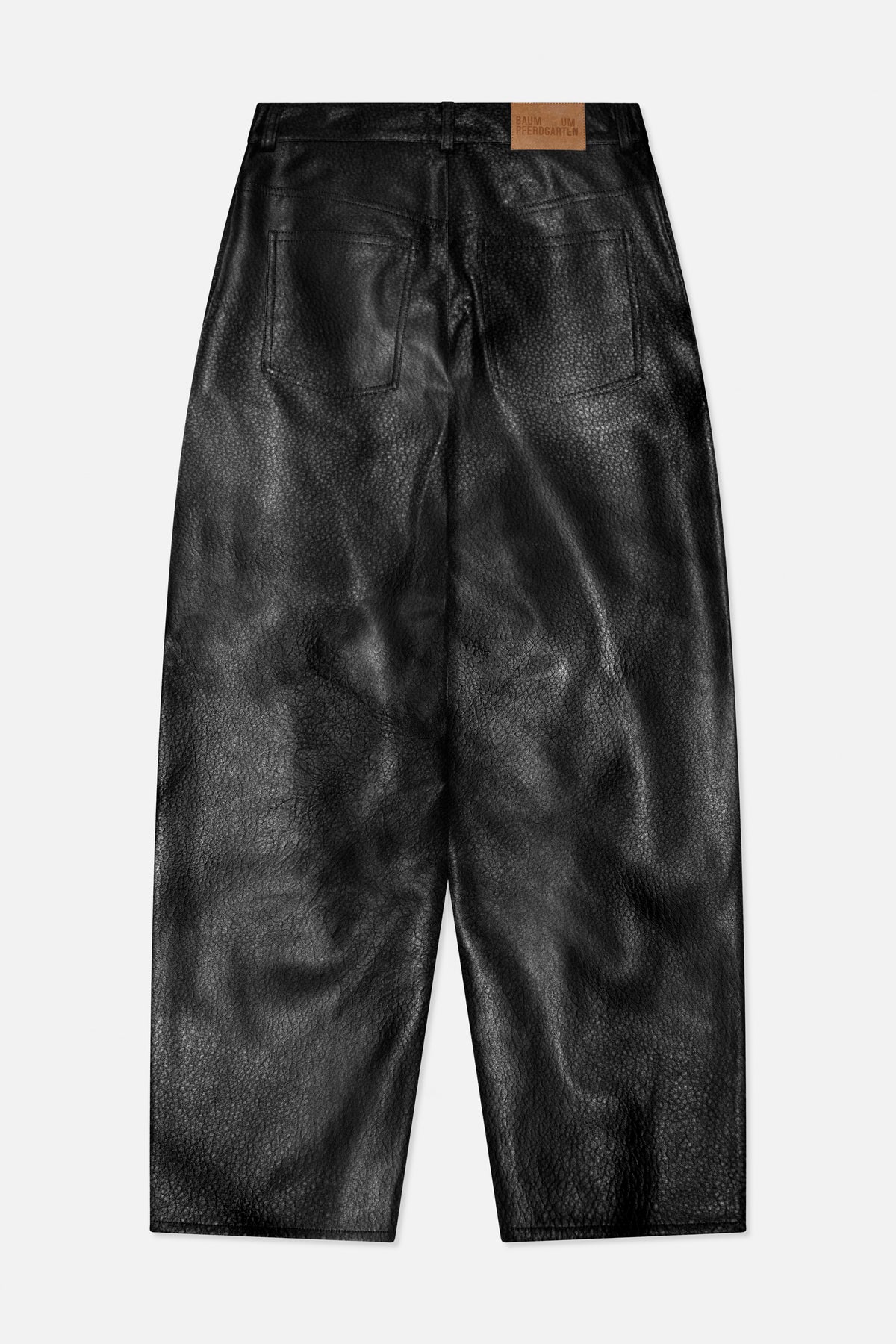 Rear view of black textured trousers with two patch pockets and a tan Baum und Pferdgarten waistband label