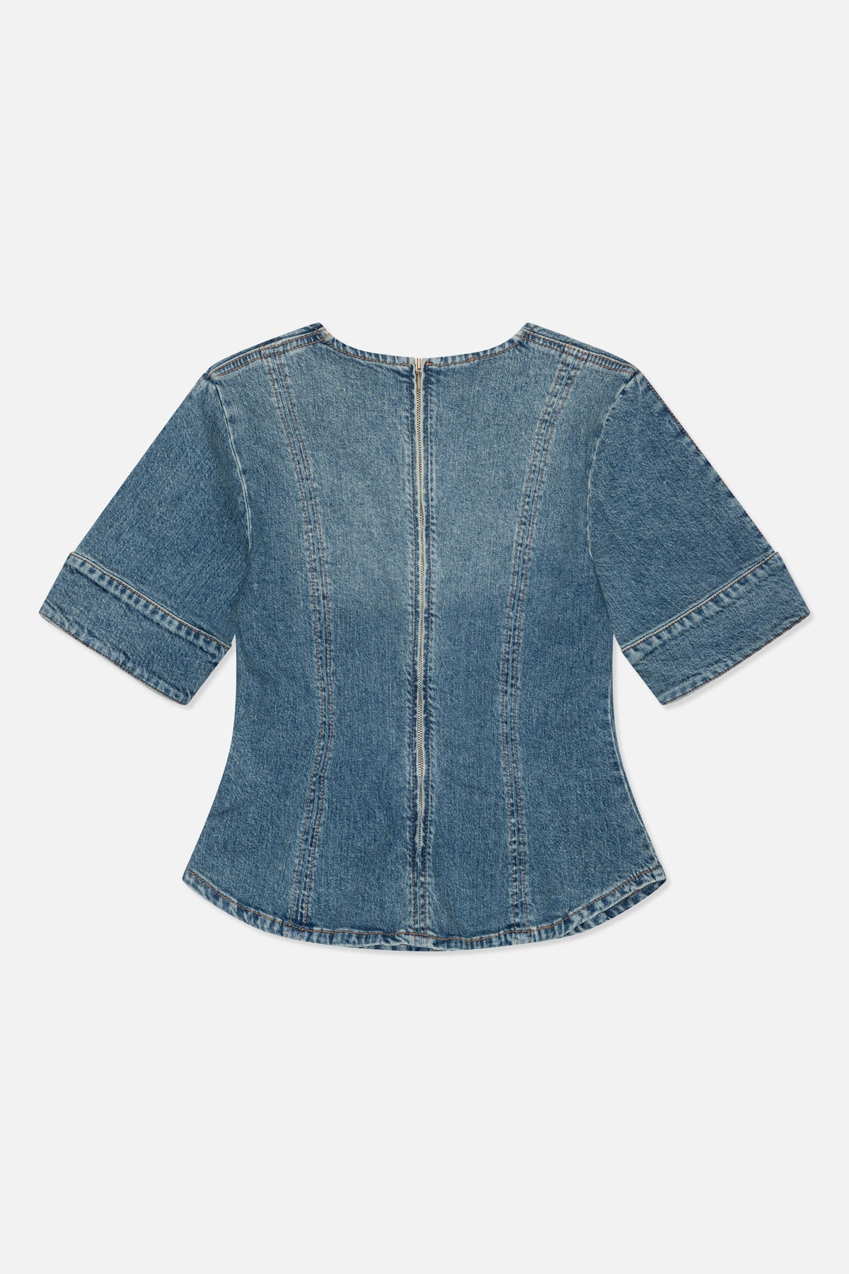 Back view of a blue denim short-sleeve dress with a centre-back zipper and shaped vertical seams.