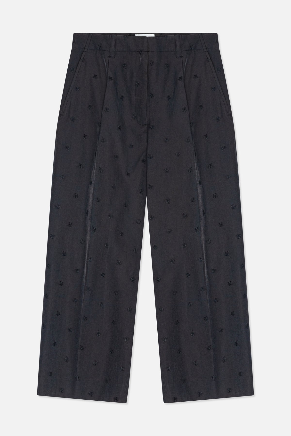 Voor- en achteraanzicht van een antracietkleurige broek met een all-overpatroon van kleine tonale geborduurde motieven