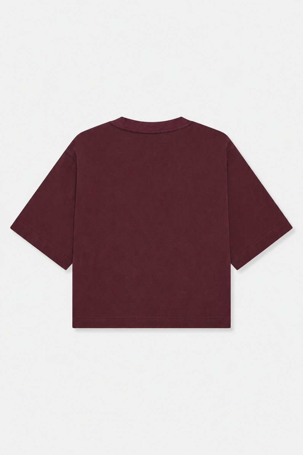 Back view of a plain burgundy short-sleeved T-shirt with a crew neck and straight hem.