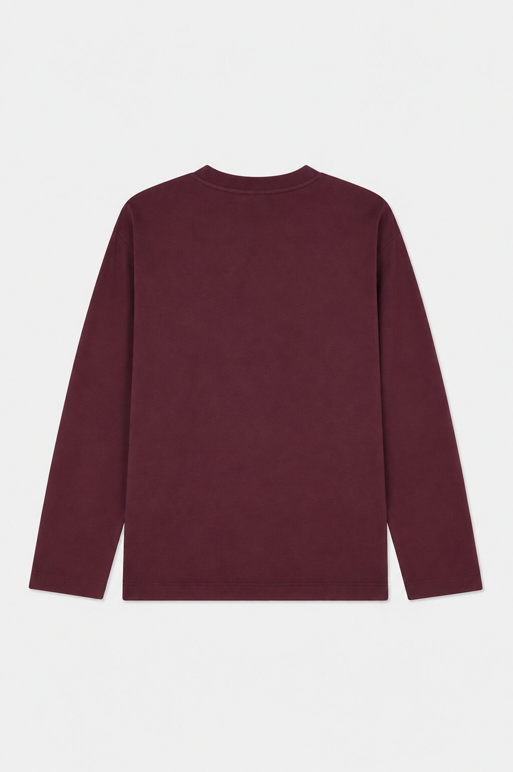 Back view of a plain burgundy long-sleeved crew-neck shirt.