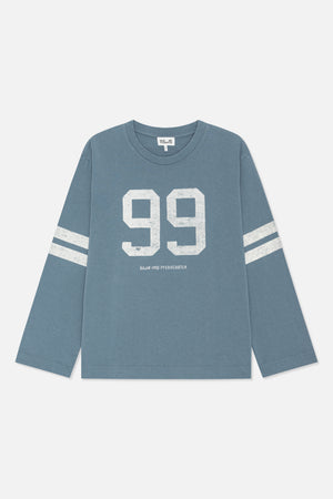 Blue-grey long-sleeved crewneck shirt with a distressed white “99” graphic and twin sleeve stripes, shown from the front.