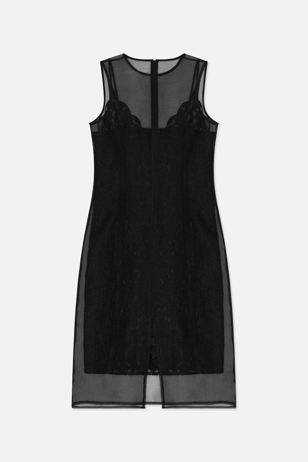 Black sleeveless sheer dress with lace bust panels, an opaque central lining and a sheer hem, shown flat from the front