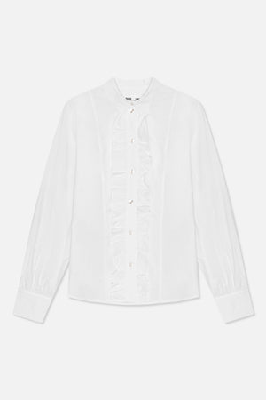 White long-sleeved button-up shirt with a pointed collar, shiny buttons and a ruffled front placket, shown from the front.