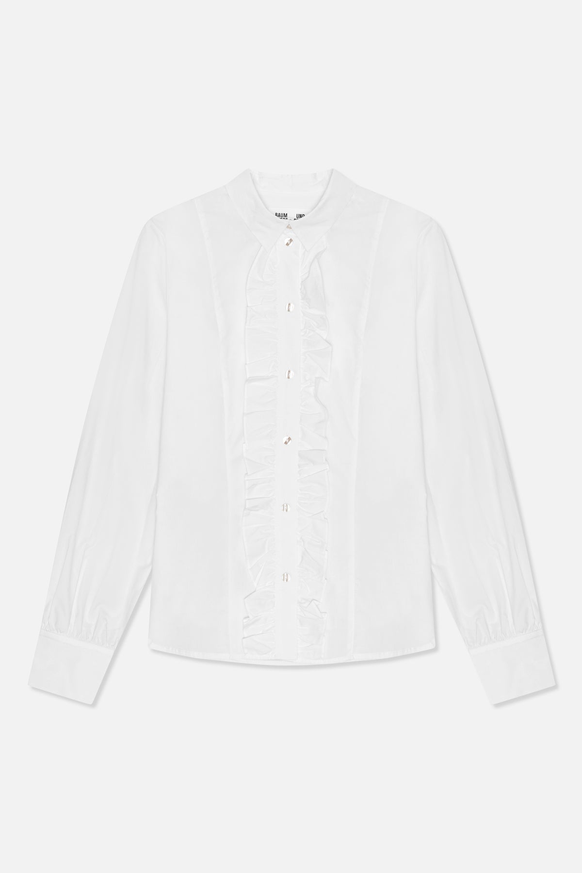 White long-sleeved button-up shirt with a pointed collar, shiny buttons and a ruffled front placket, shown from the front.