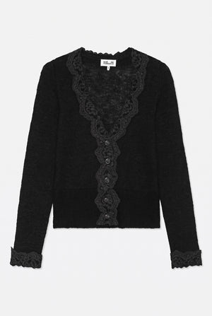 Front view of a black long-sleeved cardigan with decorative floral trim along the neckline, button placket and cuffs.