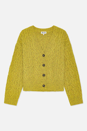 Front view of a mustard yellow flecked cable-knit cardigan with a V-neck, dark buttons and ribbed trim.