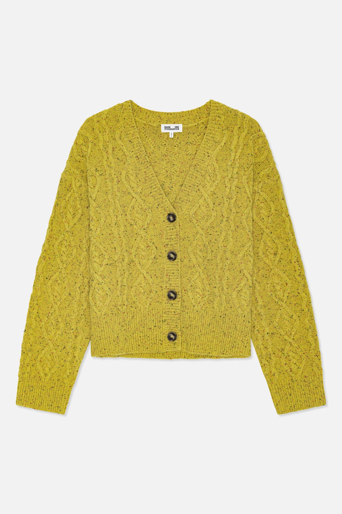 Front view of a mustard yellow flecked cable-knit cardigan with a V-neck, dark buttons and ribbed trim.