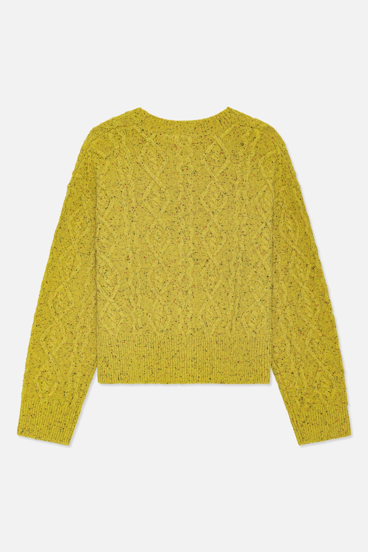 Front view of a chartreuse speckled cable-knit sweater with a crew neck, long sleeves and ribbed trims