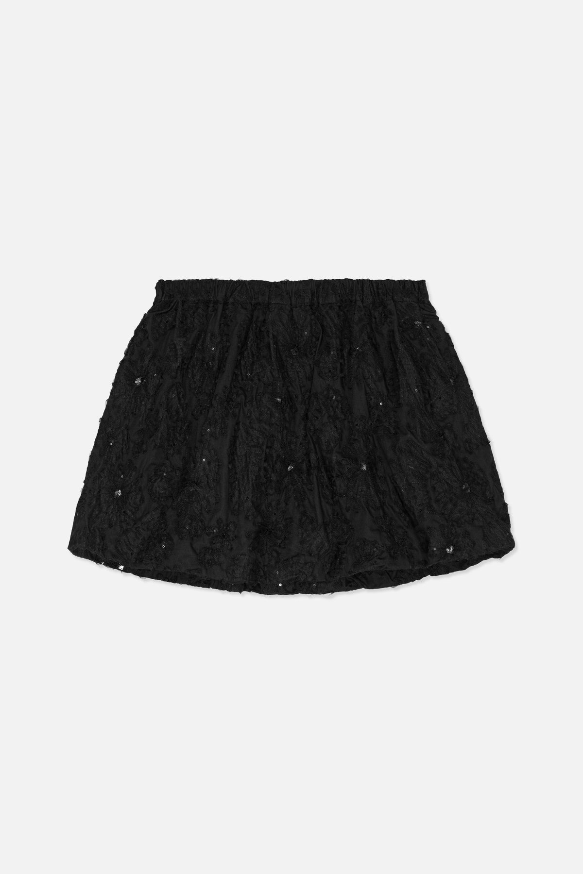 Front view of a black flared skirt with a gathered waistband, floral lace overlay and scattered sequins.