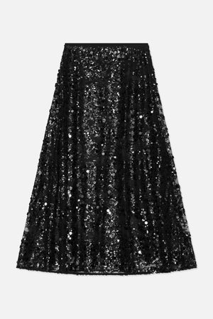 Black A-line midi skirt covered in reflective sequins, shown from the front.