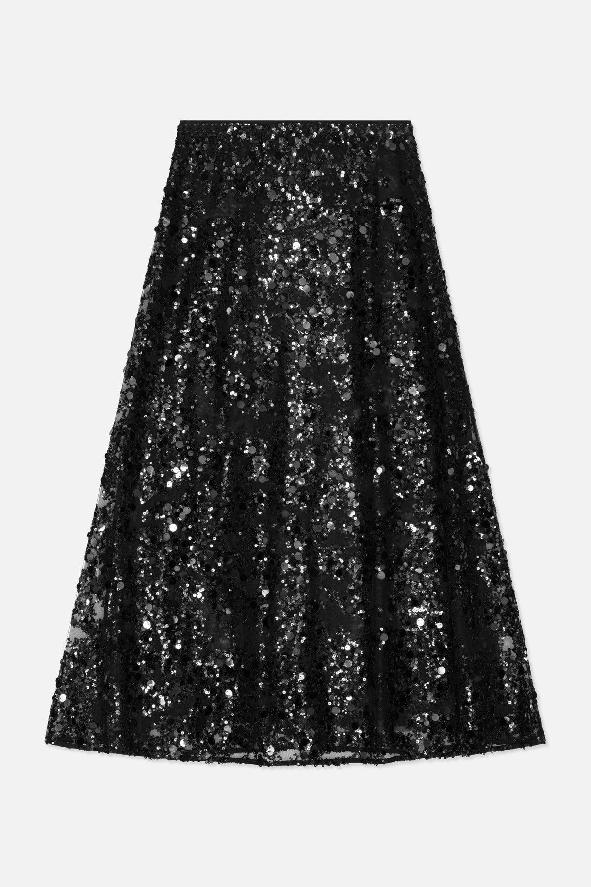 Black A-line skirt covered in reflective sequins, shown from the front.