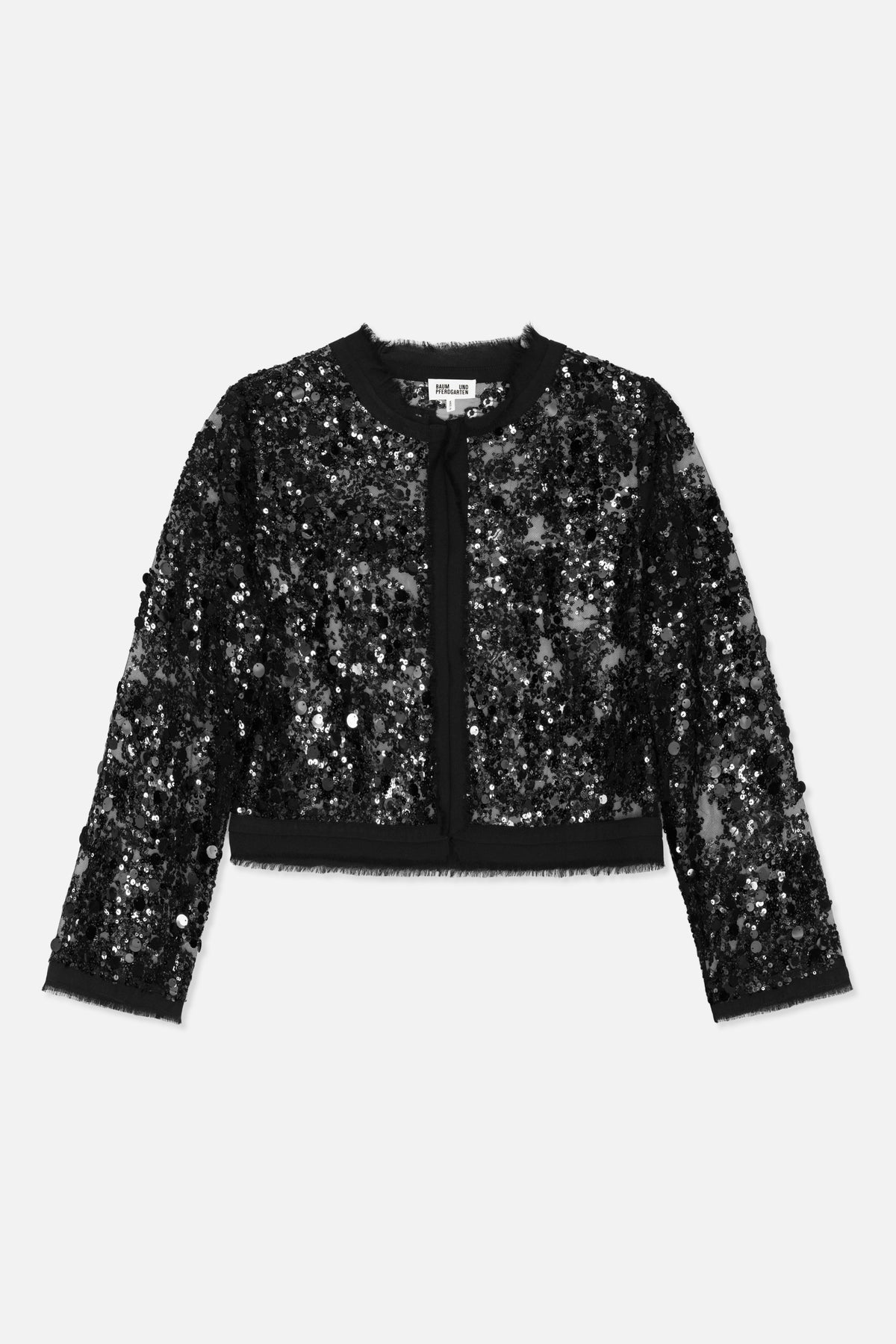 Front view of a black long-sleeved jacket covered in sequins, with a round neckline and solid trim.