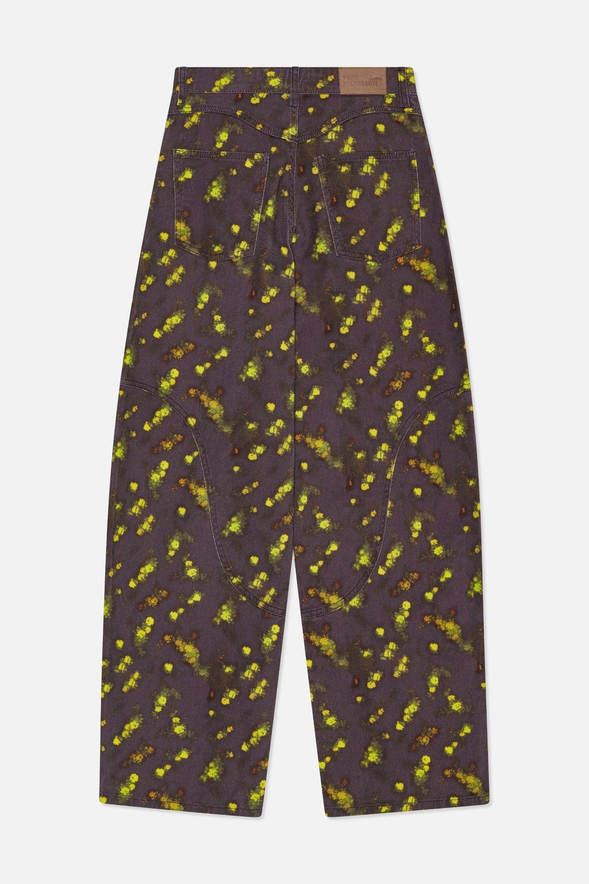 Back view of wide-leg jeans in dark plum denim with scattered yellow-green and rust-colored floral spots and two rear pockets.