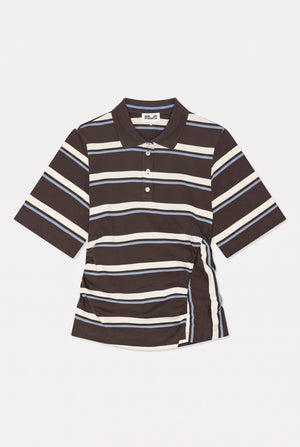 Front view of a dark brown short-sleeved polo shirt with cream and light blue horizontal stripes and a button placket.