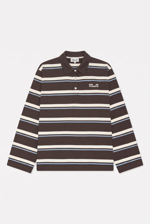Front view of a dark brown long-sleeve polo shirt with cream and light blue horizontal stripes and a chest logo.