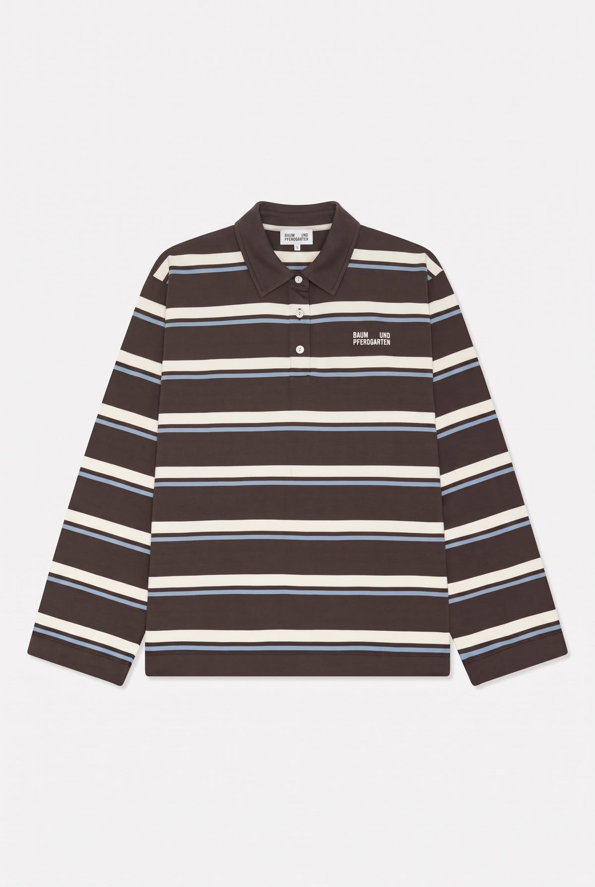 Front view of a dark brown long-sleeve polo shirt with cream and light blue horizontal stripes and a chest logo.