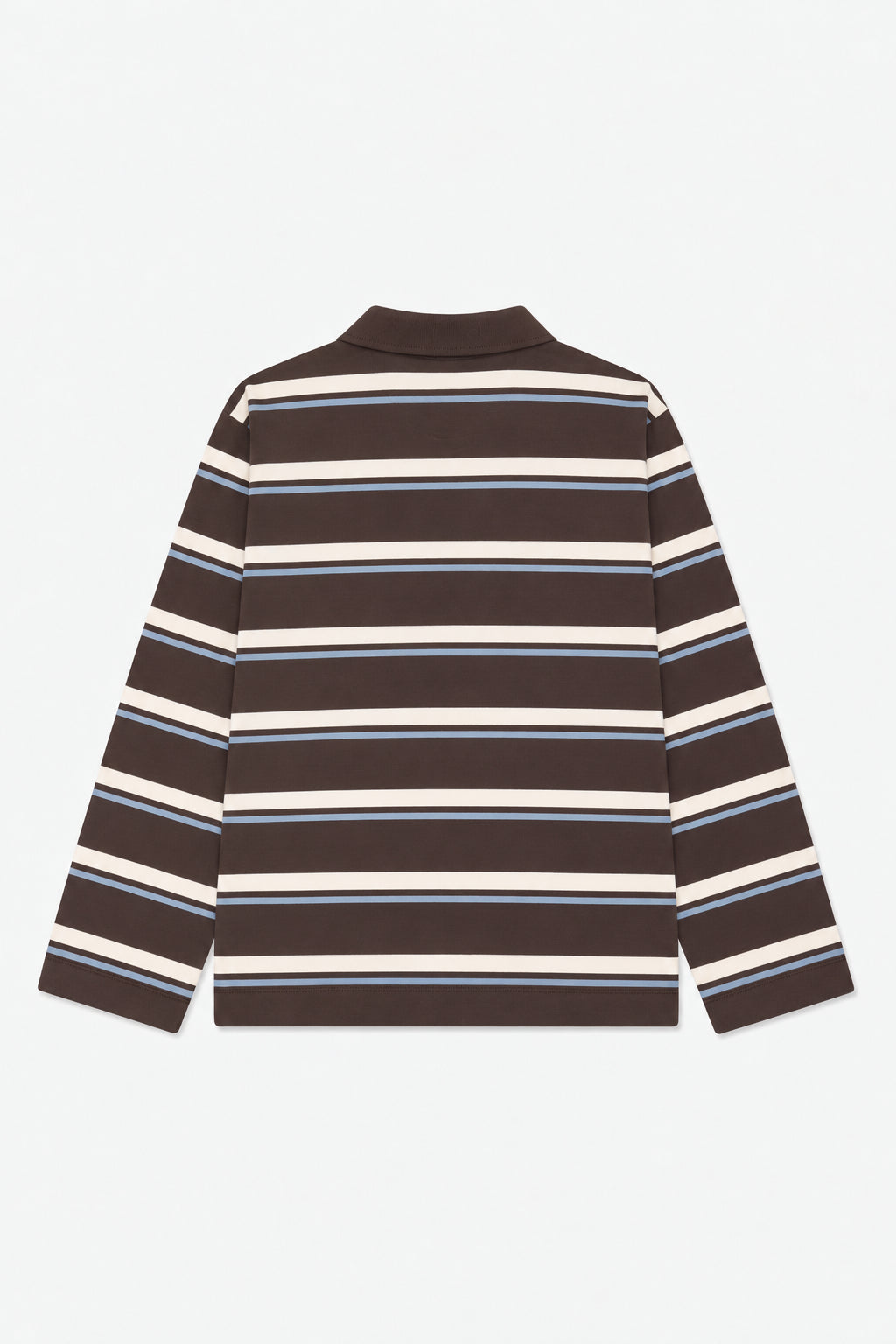 Back view of a long-sleeved polo shirt with a collar and broad dark brown and cream stripes edged with thin blue lines