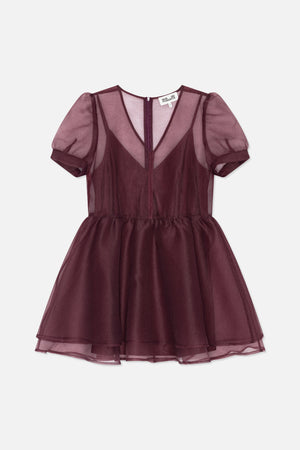 Back view of a burgundy sheer dress with puff sleeves, a centre-back zip, gathered waist and layered flared skirt.