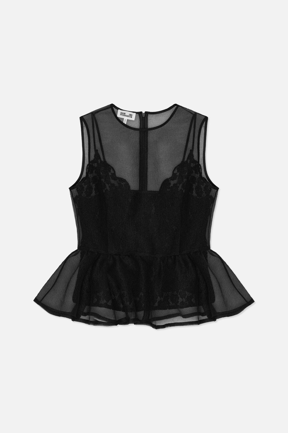 Back view of a black sleeveless sheer top with lace panels, a centre zip and a flared peplum hem.