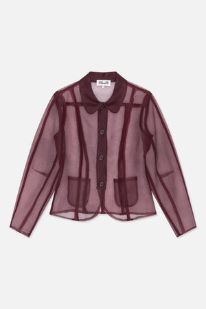 Front view of a sheer mauve button-up shirt with dark burgundy grid stripes, a rounded collar, long sleeves and two patch pockets.