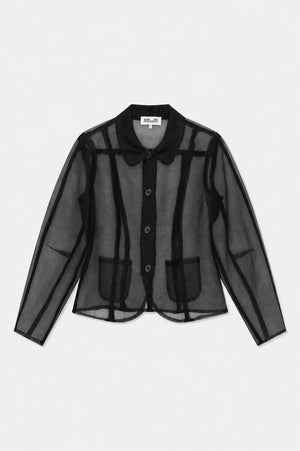Front view of a sheer black long-sleeved jacket with a rounded collar, button front, contrasting panel seams and two patch pockets.