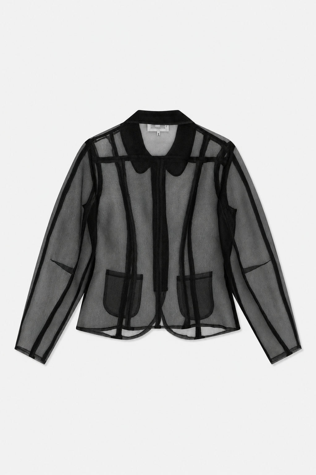 Front view of a sheer black long-sleeved jacket with structured panel seams, a notched collar and two patch pockets.