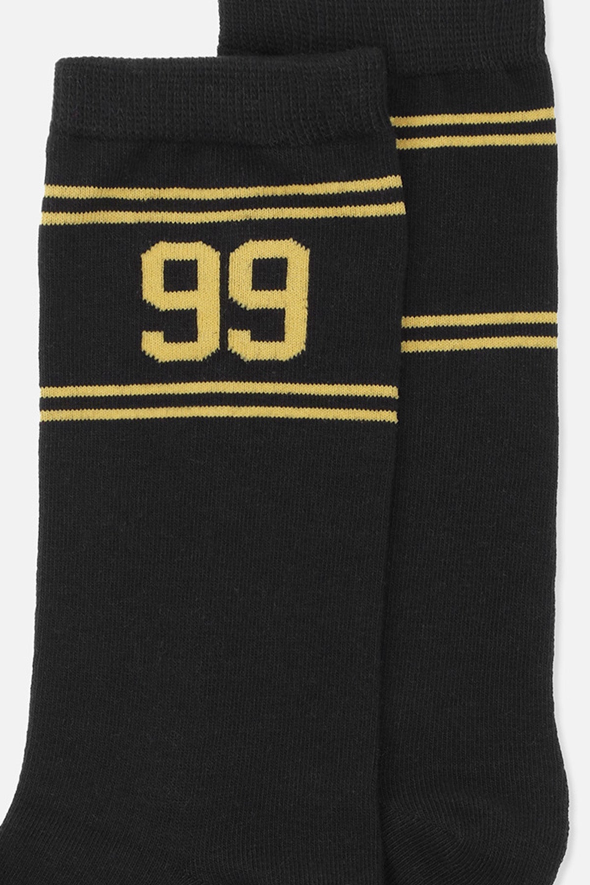 Pair of black ribbed crew socks with yellow stripes and a large yellow 99 graphic.