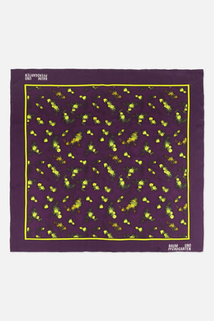 Square purple scarf with scattered yellow floral print, a bright yellow border and Baum und Pferdgarten lettering.