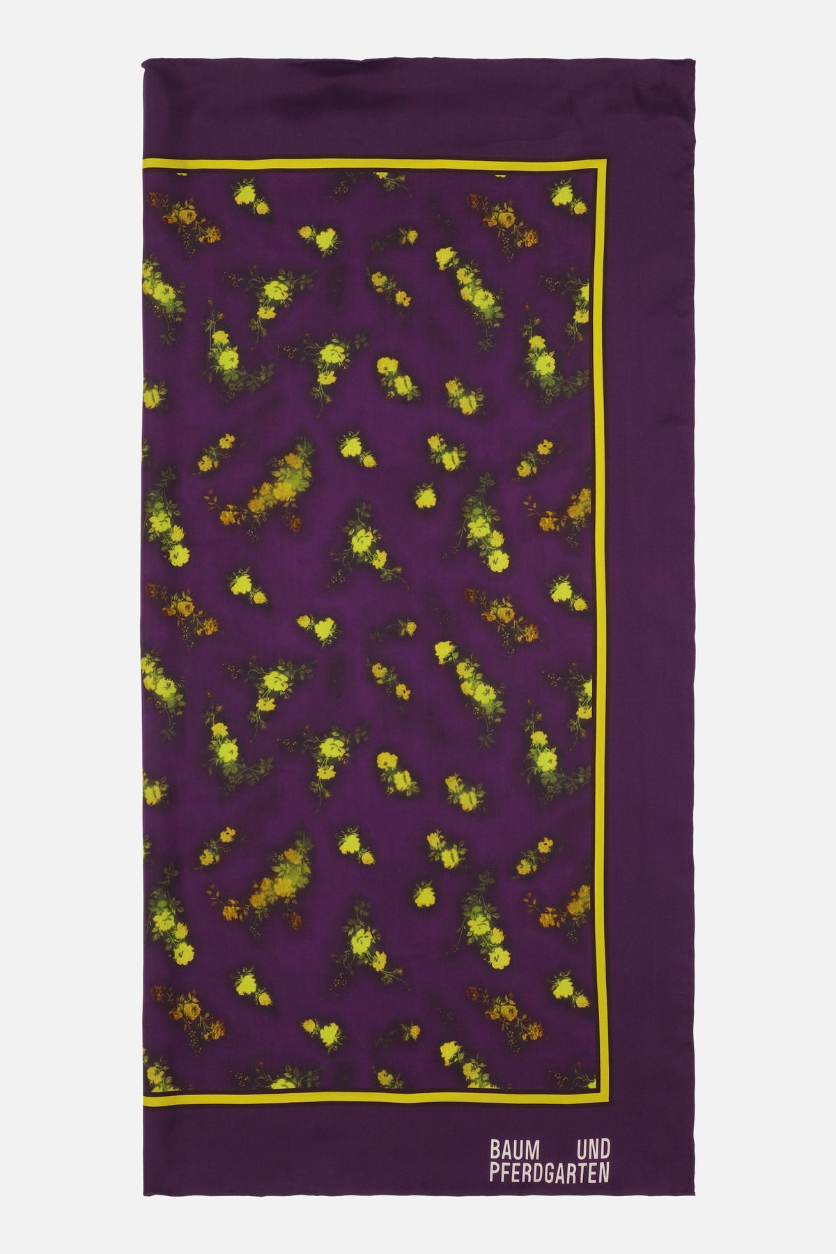 Rectangular purple scarf with a bordered central panel of scattered yellow flowers and the Baum und Pferdgarten logo near one edge.