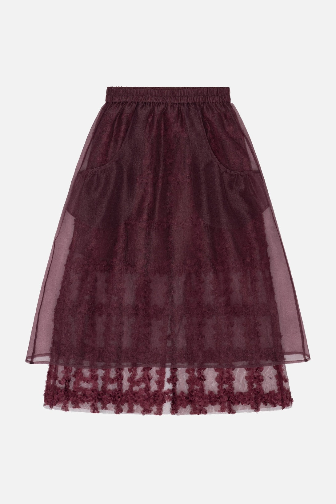 Bordeaux A-lijnrok met elastische tailleband, transparante overlaag, zijzakken en bloemendetail langs de zoom.